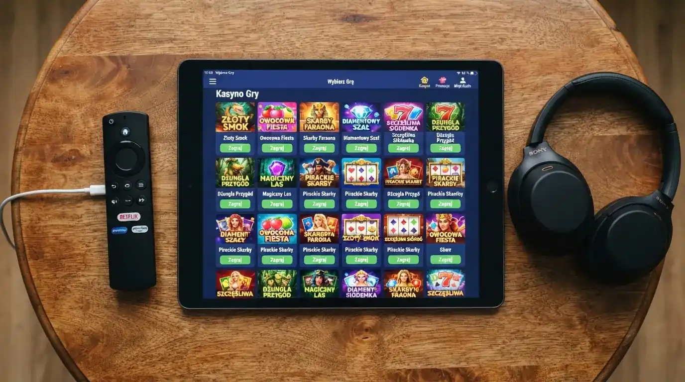 Tablet leżący na stole z ekranem katalogu gier pokazującym siatkę ikon automatów, obok pilot i słuchawki.