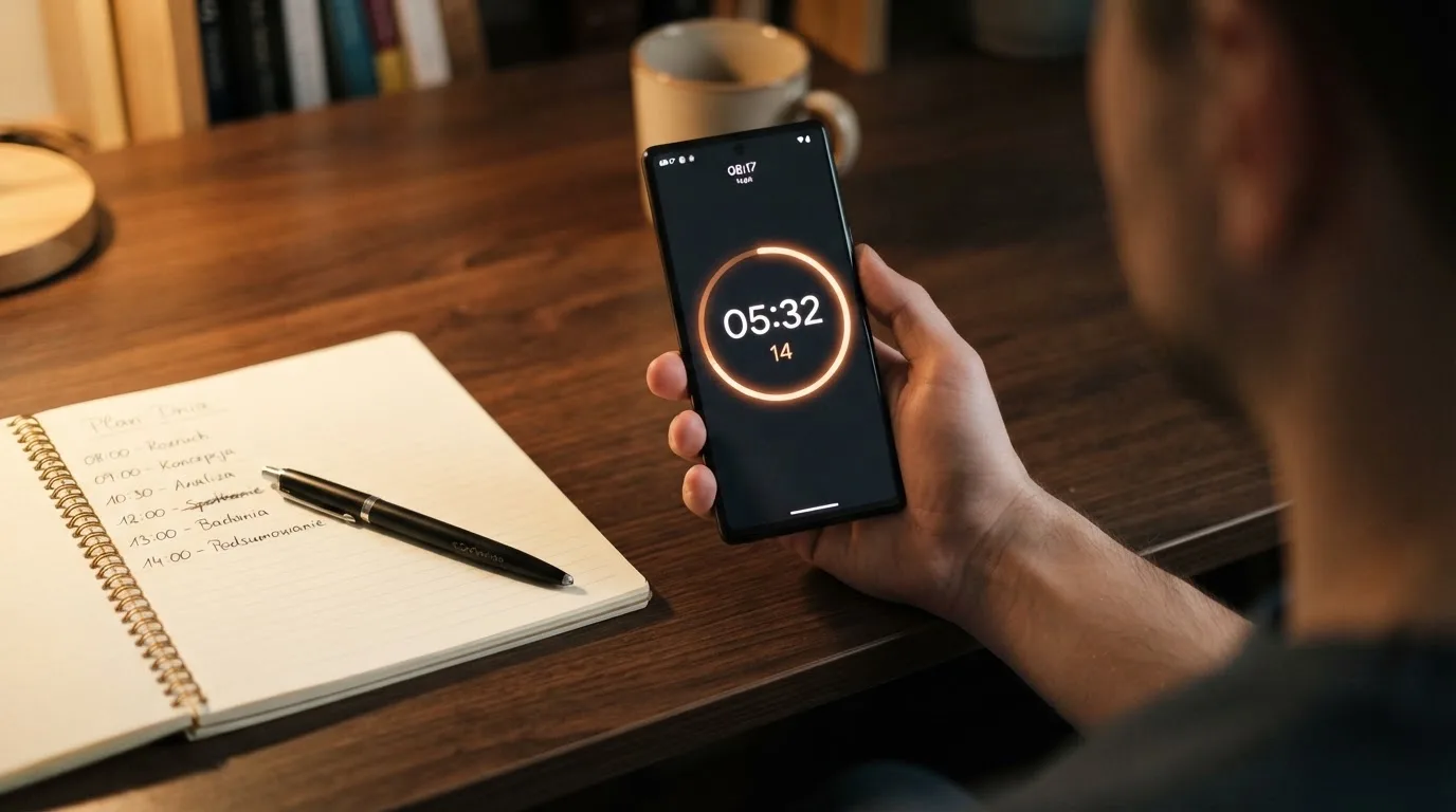 Dłoń trzymająca telefon z aplikacją kasyna online, na ekranie widoczny prosty licznik czasu oczekiwania na wypłatę, obok notatnik z zapisanymi godzinami.