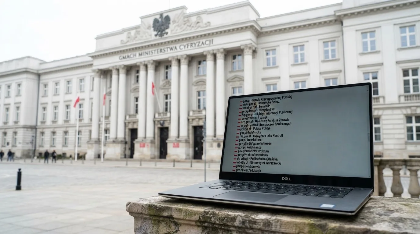 Gmach Ministerstwa Finansów w Warszawie w dziennym świetle, na pierwszym planie ekran laptopa z publicznym rejestrem domen zakazanych